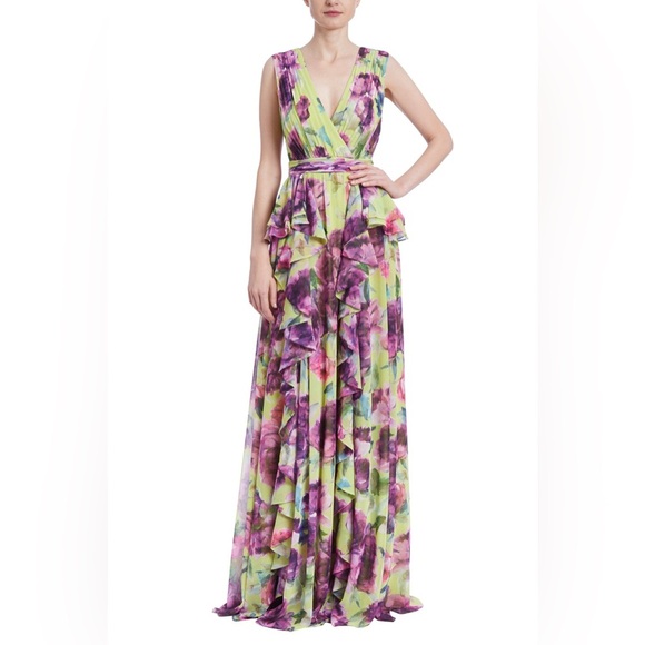 NWT Badgley Mischka Floral Ruffle V Neck Gown Purple Yellow Green 8 - Picture 14 of 16